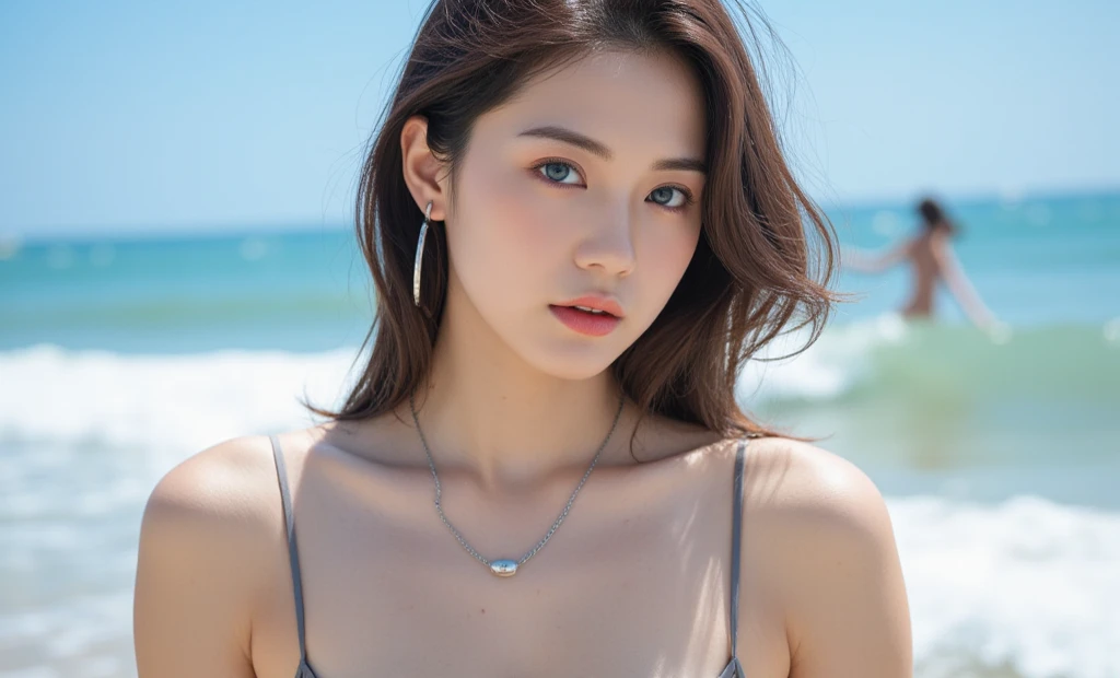 best quality, 8k, very delicate and beautiful, highly detailed face and skin texture, shiny skin, high resolution, big tits cute asian girl in bikini on the beach, full body, sharp focus