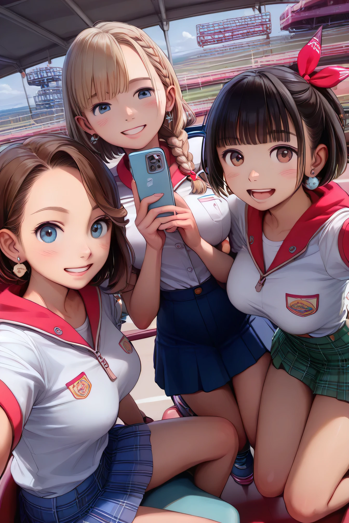 Highest quality、High resolution、Detailed Background、(Beautiful face in every detail:1.4)、Anatomically correct、(Detailed eyes:1.2)、Teenage beauty、cute hair color、Braided Ponytail、Braided bob cut、Braided twin tails、A fun atmosphere、Friendship and fulfillment felt through tennis、Tennis court、
(Three beautiful girls having fun taking a selfie with their friends:1.5)、
Running on the white coat, blown by the fresh wind、Strength in the hands that grip the racket、
Concentrate on each ball and hang on to your opponent、Immersed in the world of competition, my heart is racing、
Win or lose, hold hands with your friends、The bond of mutual admiration grows deeper、
The joy of sweaty skin、A dazzling smile blooms and fun times flow、
T-shirts and tank tops are recommended.、skirt、Shorts、Leggings etc.、
When it comes to skirts, short styles are the trend、White pleated tennis skirt、
Choose a sole material for tennis、Wristband、hair band、Socks etc.、Be mindful of the balance between functionality and cuteness、Colorful and stylish design、cute