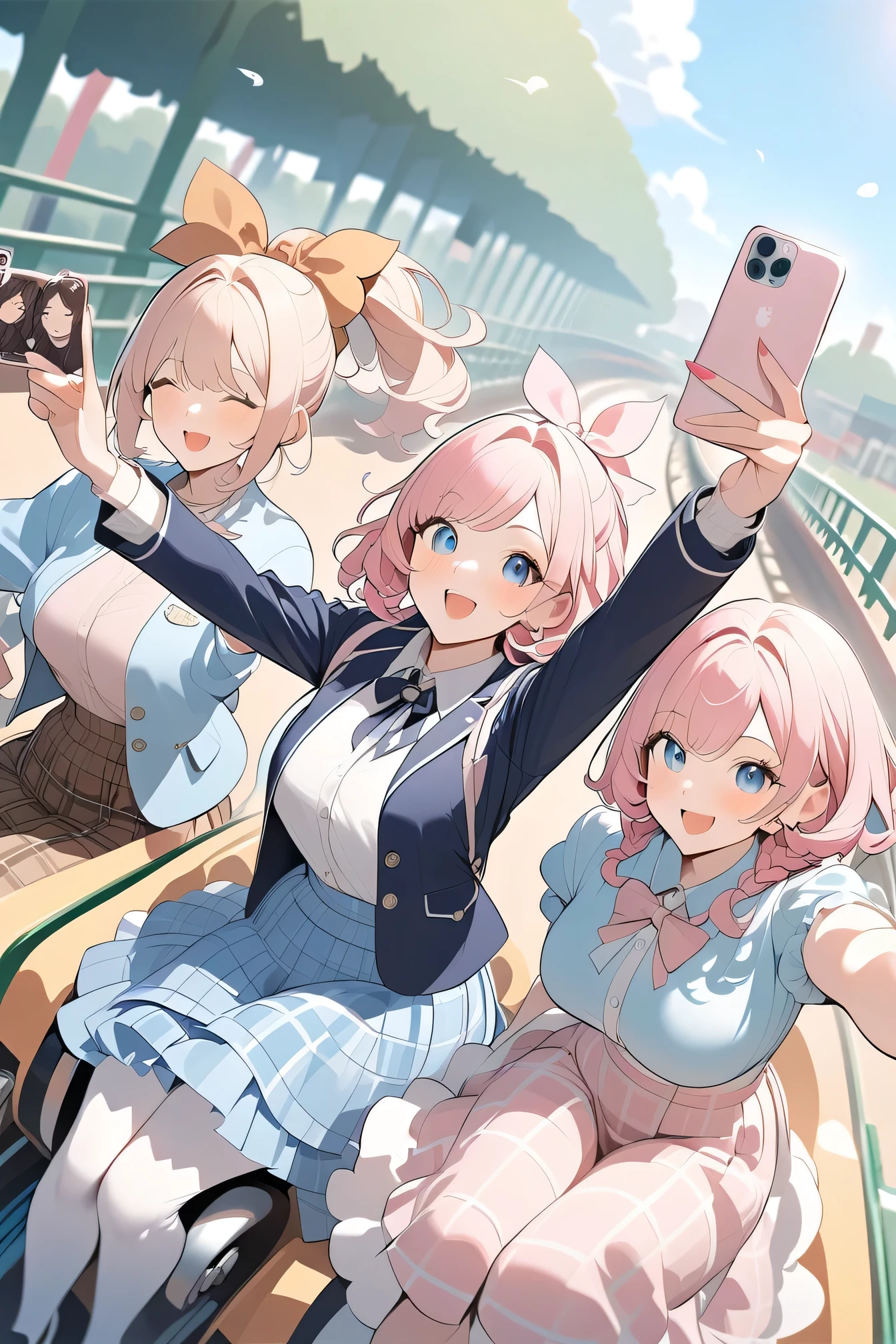 Highest Quality、Detailed Background、masterpiece、Beautiful girl、Huge Breasts、braided bob cut、ponytail、FUN ATMOSPHERE、Amusement Park、
(three women taking selfies while riding a roller coaster:1.5)、(Dynamic poses and powerful angles with fluttering skirts:1.5)、
JK uniform with plaid skirt and hoodie、three women smiling and having fun while riding a roller coaster、 Their hairstyles and accessories are stylish and individualistic、cute
