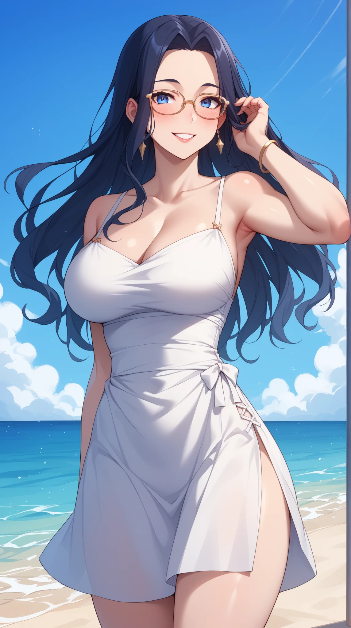 atago (azur lane), 1girl, solo, long hair, breasts, looking at viewer, blush, smile, bangs, large breasts, black hair, hair ornament, ribbon, navel, animal ears, cleavage, closed mouth, standing, swimsuit, full body, yellow eyes, flower, bikini, thighs, outdoors, sky, choker, day, cloud, hair flower, water, stomach, mole, high heels, blue sky, wet, mole under eye, toes, side-tie bikini bottom, white bikini, sandals, sunlight, white footwear, front-tie top, white ribbon, extra ears, sun, sarong
