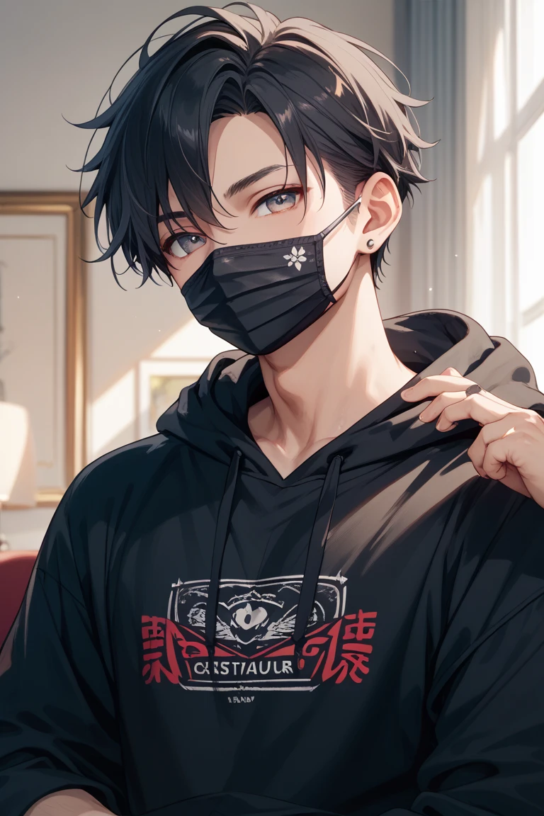 high quality, amount of drawing, pixiv illustration, Beautiful young man, black hair, purple eyes, short hair, black mask, balloons, abs, hoodie, gloves, slit eyes,