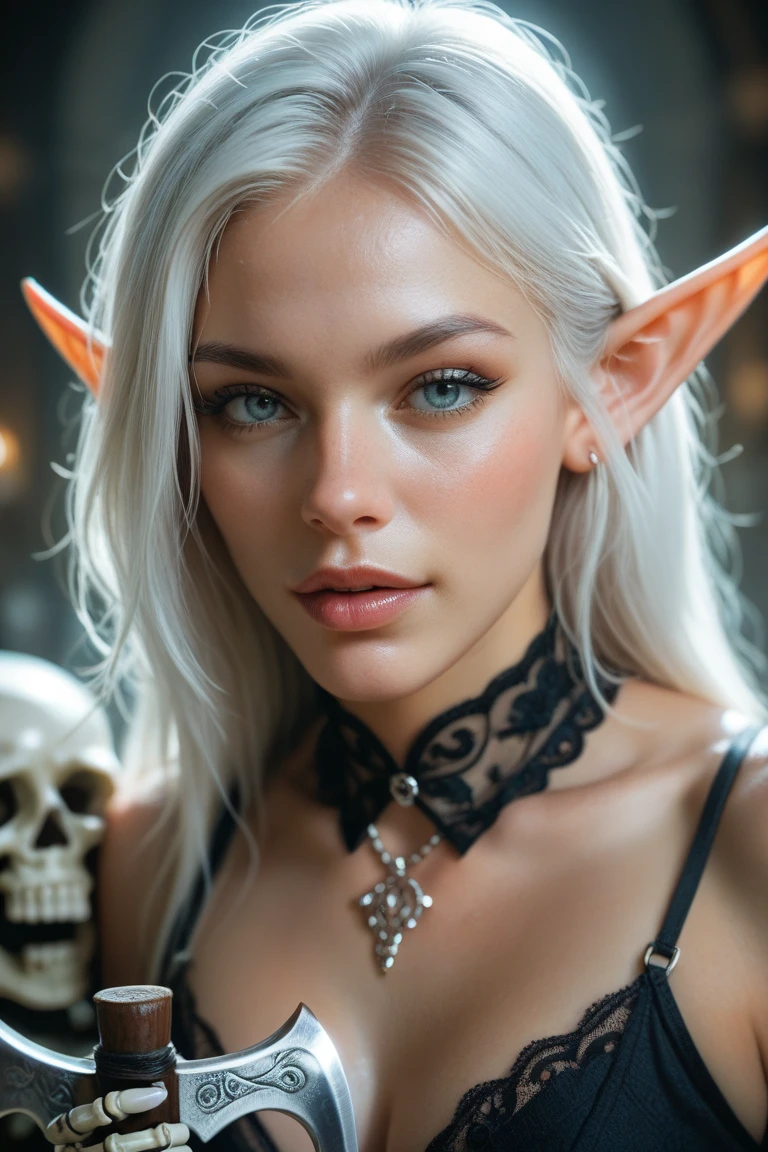 concept art, realistic, dark theme, low light. 1girl, solo.
Gorgeous sexy female. Beautiful feminine face, 
Long Lush Blonde hair, Blue eyes. 
Sexy makeup, ((NoseToEar)).
(Big breast:1.2), ((Round breast:1.2)),
 Elf, pointy ears, Chain from nose to ear laptop.