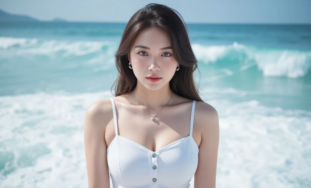 Best quality, masterpiece, ultra high res, (photorealistic), raw photo,1girl, skinny, upper body,solo, realistic, looking at viewer, long hair, bokeh background, beach,brown eyes, thick bikini, spread leg, thick tight,