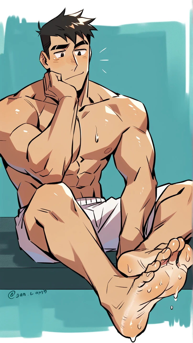 Muscular man leaning back in a chair with his arms behind his head. Feet on the desk., foreshortening