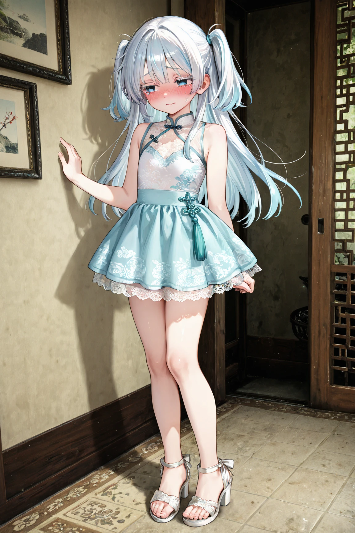 Little pretty girl、Long Hair、Natural Blonde Hair、Light blue eyes、whole body、