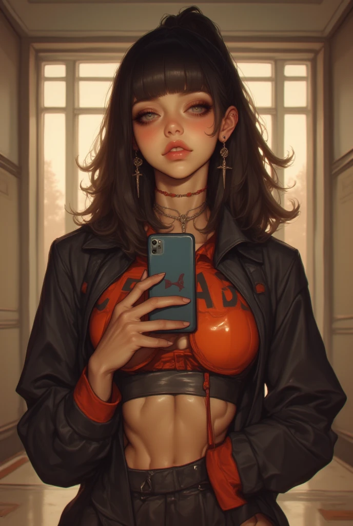 score_9, score_8_up, score_7_up, source_anime BREAK 1girl, solo, volume, freyna, short hair, large natural breasts, pinkish areola, shiny, green eyes, cyberpunk, sexual pose, sunglasses, bodystocking, red jacket, crop jacket, black bikini, collar, harness, thigh strap, torn bodystocking, large breasts, navel, standing, one eye closed, wink, open mouth, indoors, stage lights, hand up, tongue out, smile, spread legs, from behind, Asselfie, lying, thong, cellphone, crossed ankles,