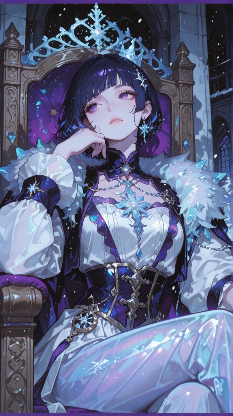 1 Girl, solo, beautiful,long dark blue hair, ponytail, amethyst eyes, high neck royal dress ,collared cape,amethyst crystal necklace, cold gaze, mysterious, royal castle, crystal castle, crystal palace