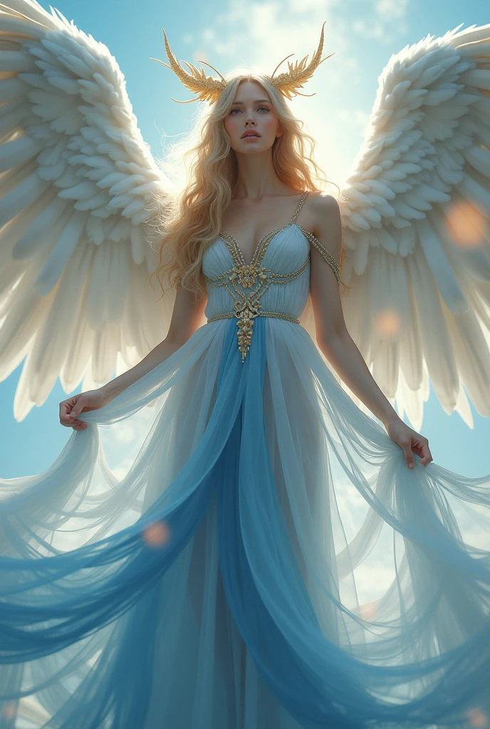Mountain peaks in snow. A beautiful nude angel girl stands gracefully with her slender figure, her white skin shining under the soft natural light. Her long blonde hair flutters in the wind. Her blue eyes are filled with a gentle gaze and her thin lips curve in a graceful smile. Her body is covered in mystical patterns drawn in white paint. Her beautiful wings open wide, emphasizing the grace of her wingspan. Translucent feathers shimmer in the sun, exposing intricate details and patterns. Her legs, equally beautiful and taut, are slightly bent at the knees, giving an angelic pose. Gorgeous sterling silver jewelry completes the majestic and delicate image of the angel.