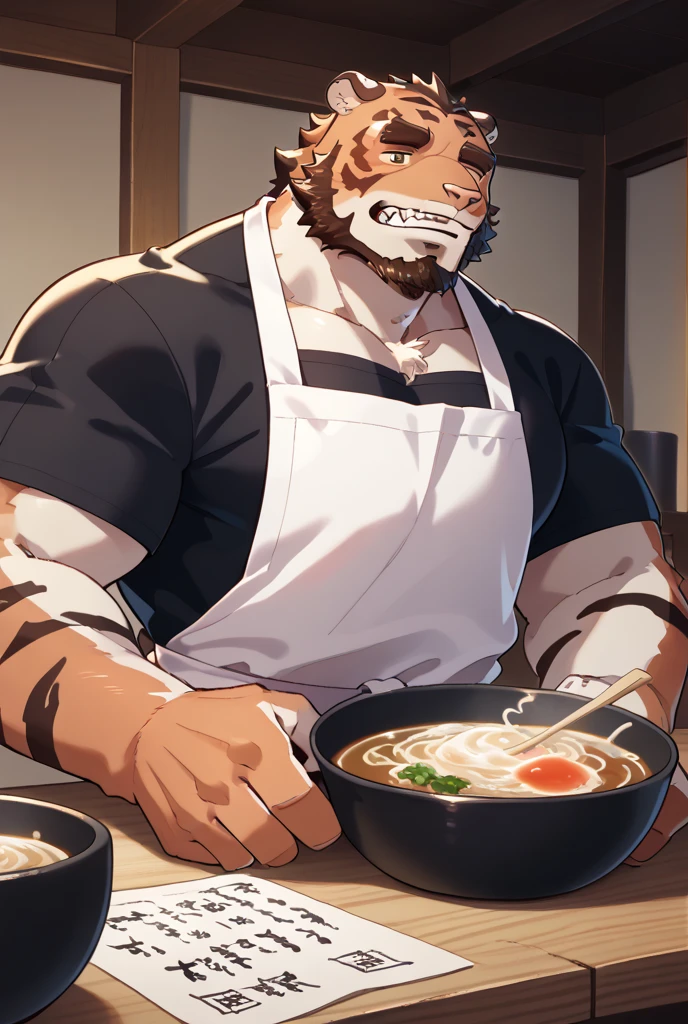 By bebebebebe, by lostgoose, by goonie-san, solo, ((snout, ears)), canine, ( German Shepherd ), male, smirking, (bodybuilder, muscular), only Black Underwear and Black Bandana And Black Cap, Showing fur Body, his a micro Furry, Behind him a Kitchen