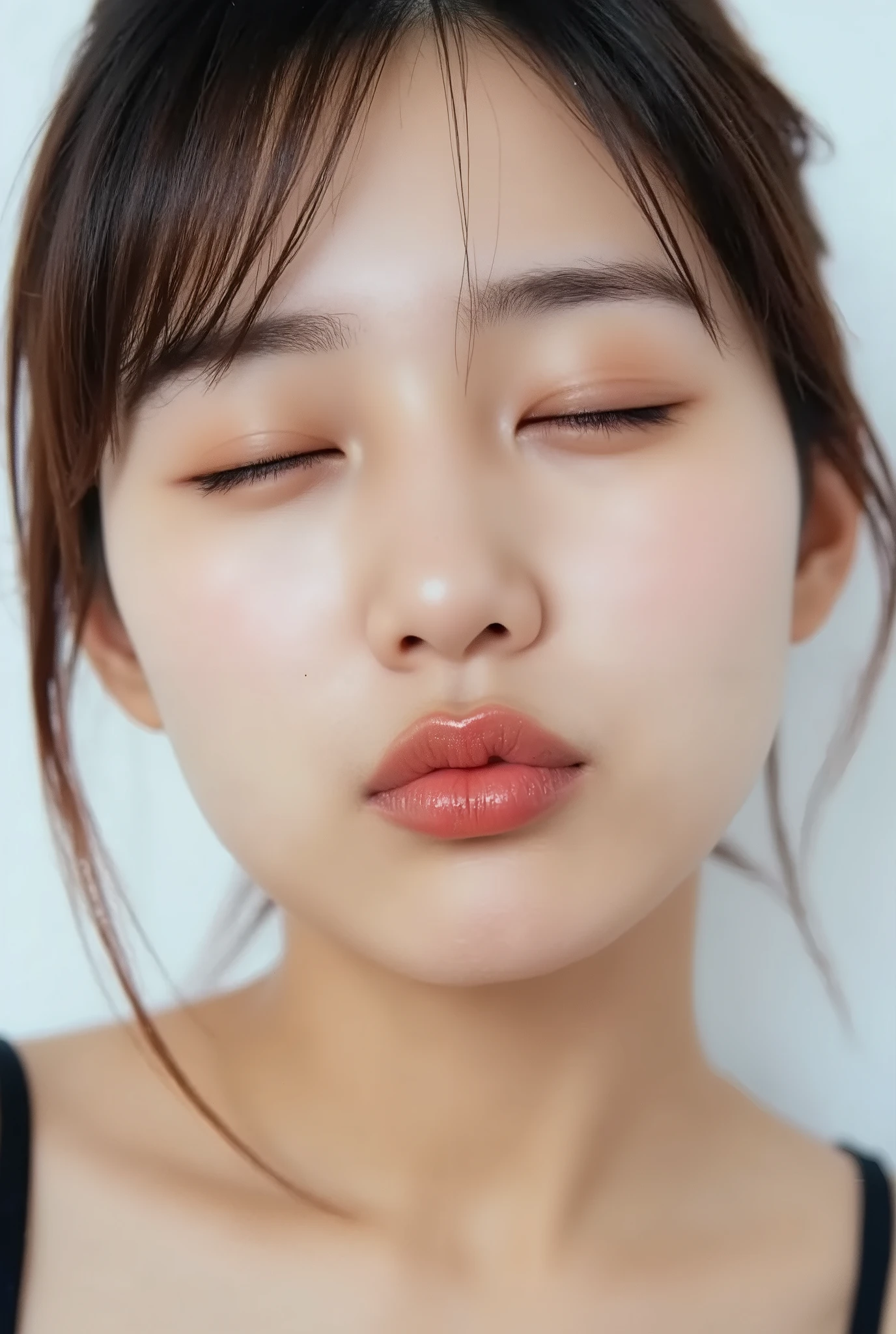 ultra-detailed close-up of a beautiful modern girl, collarbone-up composition, white studio background, soft natural lighting, soft focus on background,
camera angle slightly elevated (about 60 degrees), subject's chin gently raised, head and face facing forward, body posture suggesting slight tiptoeing,
eyes gently closed, dreamy and euphoric expression, cheeks and ears flushed with bashful blush, lips tightly puckered and strongly protruding,
mouth forming a rounded "O" shape like whistling or blowing a kiss, kissy lips, extremely glossy and moist lips with shimmering highlights,
natural-looking shiny lip gloss as the only makeup, skin is matte with visible peach fuzz and realistic pores,
subtle facial contour blur to guide viewer’s gaze toward lips, cute and soft dere-dere mood,
deeply affectionate smile while puckering, hands behind the back and not visible, black camisole straps slightly visible,
overall overflowing with affection, adorably seductive and shy charm, longing and dazed joy, subtly coquettish expression,
no vintage look, fully modern skin tone, hair texture and color corrected to current aesthetic standards