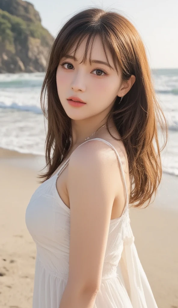 table top, highest quality, shape, Super detailed, finely, High resolution, 8k wallpaper, Perfect dynamic shape, beautiful and detailed eyes, D cup, natural color lip, random sexy pose,smile、20 year old girl、midnight、Beautiful and dense face、perfect and beautiful face,Big eyes、real photos(best image quality),Sheer off-shoulder dress (off white)、looking at camera、Please stand、Do gal makeup,blurred private beach background