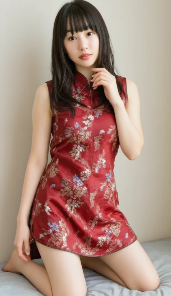 A Arakfi woman in a floral dress stands on a stone walkway, Cheongsam, wearing pink floral gown, Wearing a red cheongsam, floral art novuea dress, wearing pink floral chiton, Chinese dress, wearing a long flowery dress, shaxi, soft silk dress, dressed in a flower dress, Flower dress, Chinese style, Red floral dress