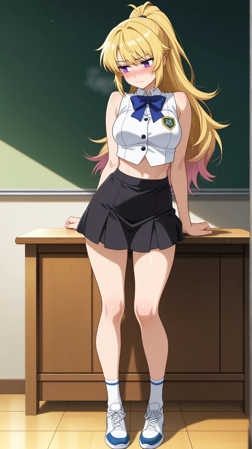 masterpiece, best quality, 1girl, solo, <lora:boryeon-lo-richy-v1:1> boryeonrnd, gyaru, tan, earrings, fangs, kogal, school uniform, classroom, large breasts, midriff peek, arms behind back