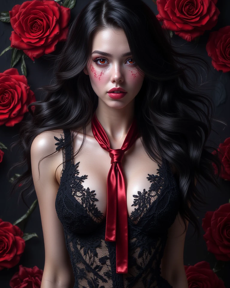Raw photo:1.2), (Photorealistic), Beautiful detailed girl, Very detailed eyes and face, Beautiful detailed eyes, Huge file size, High resolution, Very detailed, Best Quality, [masutepiece:1.6], Illustration, Very detailed, Fine detail, Best Quality, 32K Wallpaper, art photo, intricate details, low tone, in the dark woods, spooky atmosphere, dark theme, mist, light rays, bed of red roses on the ground, bokeh background, 1 young girl, pale skin, red lips, green eyes, lookin away, Perfect body shape, big breast, long black hair, gothic style, (lowcut micro lace tanga, lace bra, sexy pose, dynamic pose, cameltoe, erotic body, full body, photo from above 
  