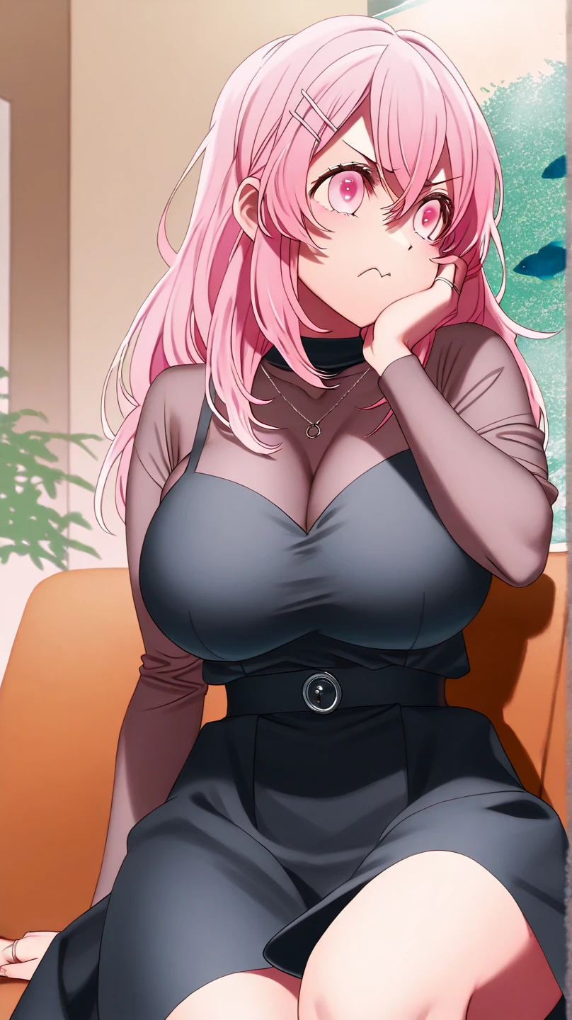 Masterpiece, best quality, 1 girl, long hair, Beautiful Eyes, Perfect Eyes, ((Pink Hair)), ((long hair)), ((White TurtleNeck Sweater)), Black Tight pants, Sexy, Sensual, Red eyes, ((chubby body)), ((Nice Thighs, Huge Boobs, Huge Breasts)), adult woman, seductive, big bust, Succubus tiny Horns, ((Thin Horns)), (Lovely Look:0.7, Happy Look, Smile, Excited Look), Bedroom, Sitting on a bed, Background detailed room, very beautiful room, room when starting, view of the city through the window, high-rise apartment building view, Afternoon, Evening view