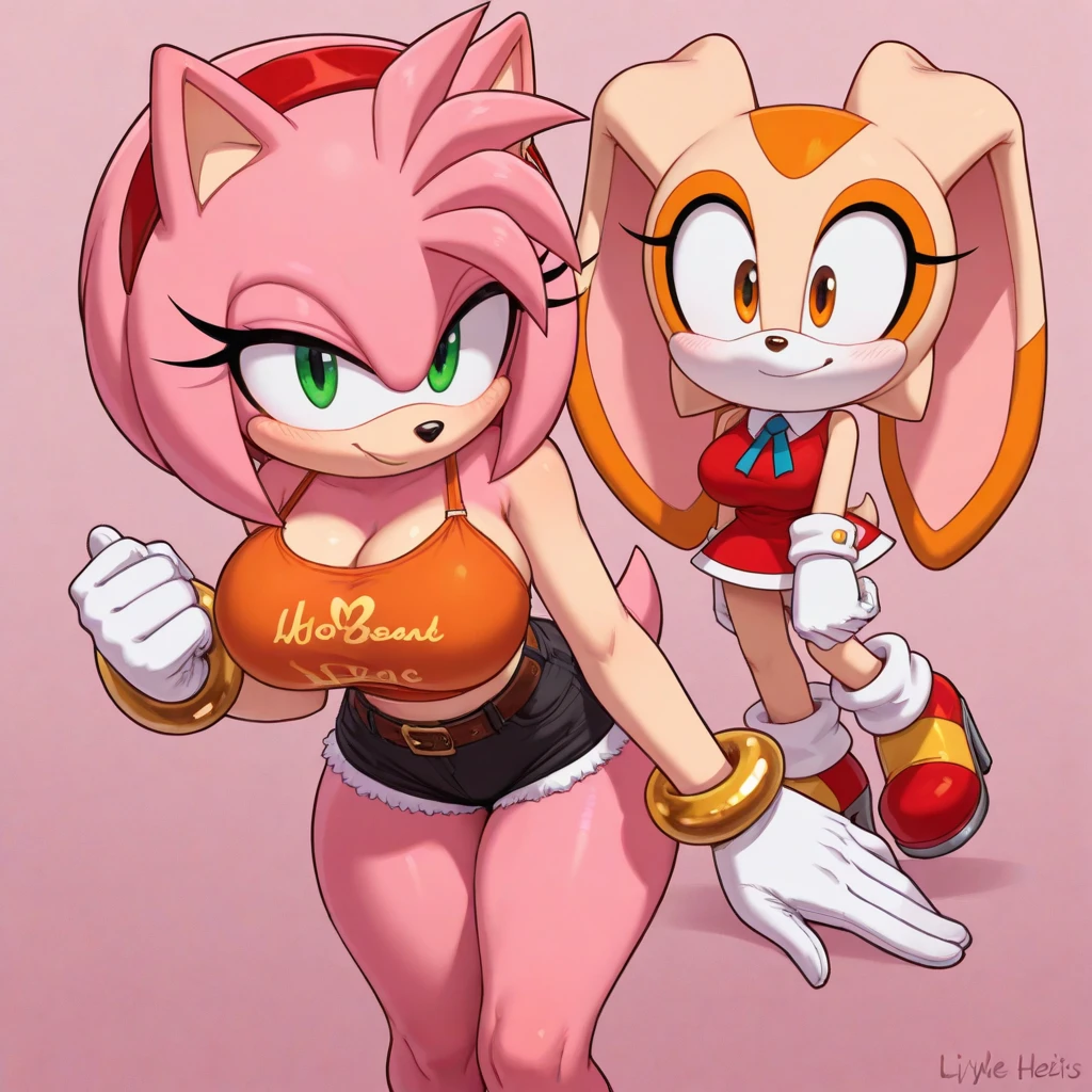 pink fur, White gloves, furry, Amy rose, flat torso, nude body, slim waist, short pink hair, pussy, full body view, shy,