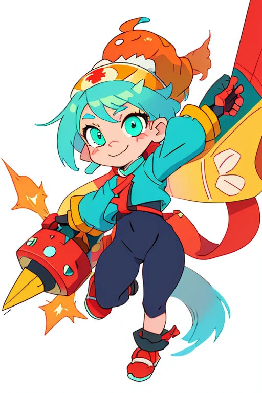 (masterpiece, best quality, highres, ultra detailed:1.2), (solo, 1girl, cowboy shot), honoomiku, blue hair, twintails, streaked hair, smile, jacket, blue eyes, ahoge, closed mouth, teeth, gloves, headphones, shorts, (dynamic pose, fire), (volcano, stone, rock, lava:1.1)