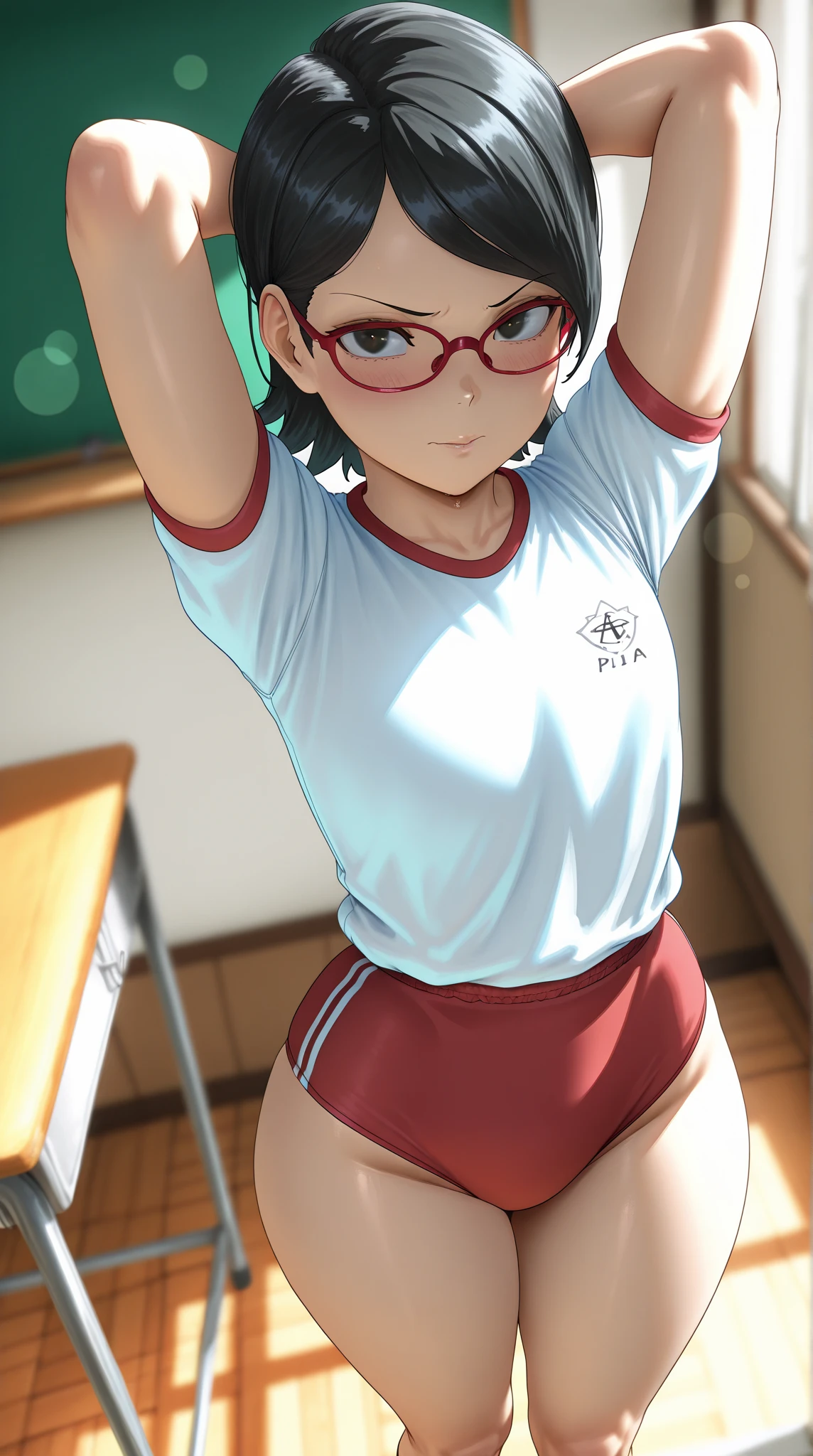 ((masterpiece)),((highest quality)),((Anatomical)),((Realistic)),((Detailed Description)),((cute)),((((Health Room)))),(((1 kindergartener))),((Beautiful eyes)),((Baby Face)),((Petite)),((Bewitching Smile)),(((Sportswear))),(((Glasses))),Full body view,