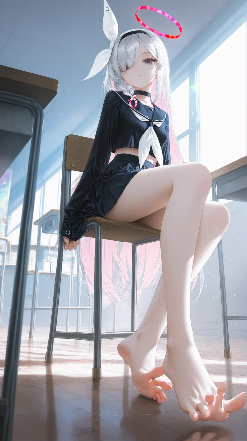 (masterpiece, top quality), 1 girl, (photorealistic: 1.4), solo, white background, black hair, long hair, socks sole, absolute area, skirt, ((full body)), underwear sheer,