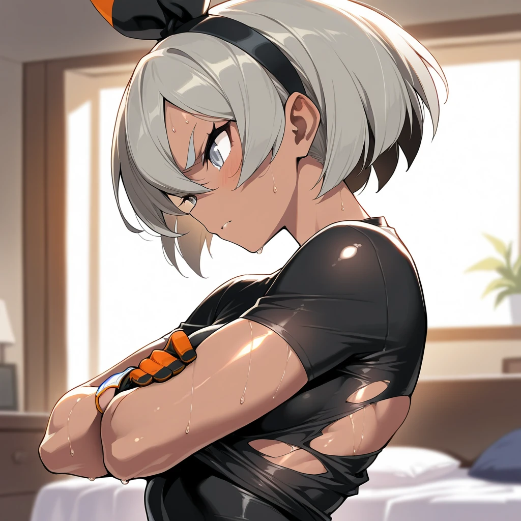 "There is a wolf on the space station，(Red and white hair)，(((Shota)))，Black shorts，((((Black knee socks))))，((Extreme light and shadow))，Light Particles，Reflective leather，(Smooth skin)，((soft skin))，(((Black fingerless long gloves)))。"Pants bulge up the big bag，French kiss，Open your legs