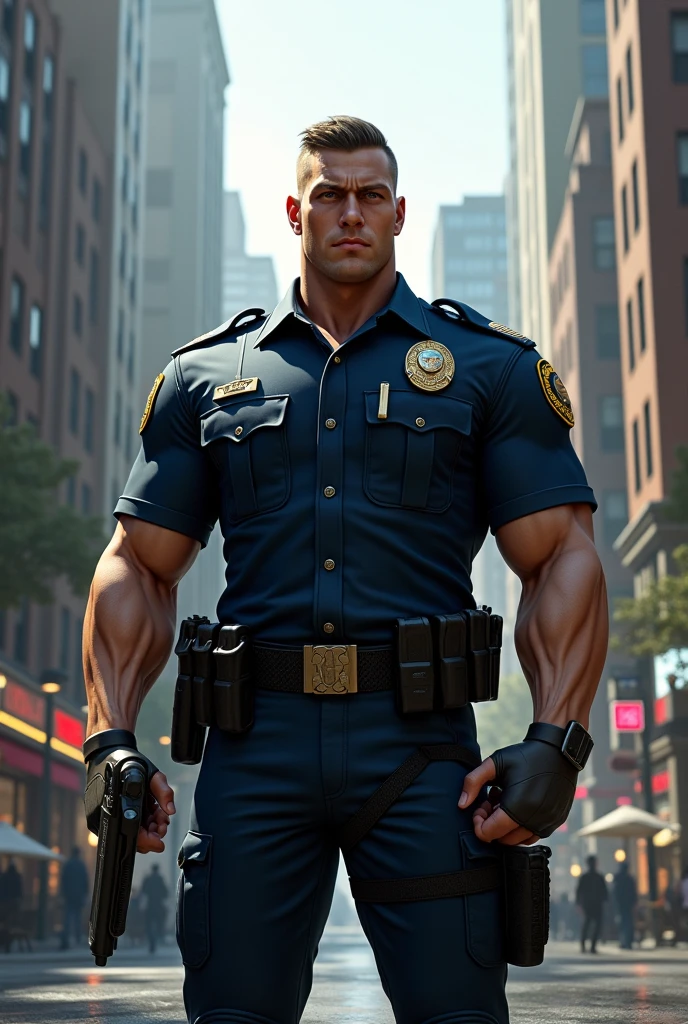 a muscular, well-built male police officer, hyper-realistic, chiseled jawline, piercing eyes, intimidating presence, tight uniform, scowling expression, dramatic lighting, cinematic, gritty urban setting, intricate details, photorealistic, 8k, (best quality,4k,8k,highres,masterpiece:1.2),ultra-detailed,(realistic,photorealistic,photo-realistic:1.37),dramatic lighting,cinematic angle,depth of field,muscular build,rugged features,intense gaze,authoritative pose,tactical gear,police uniform,urban backdrop,dark mood,gritty realism
