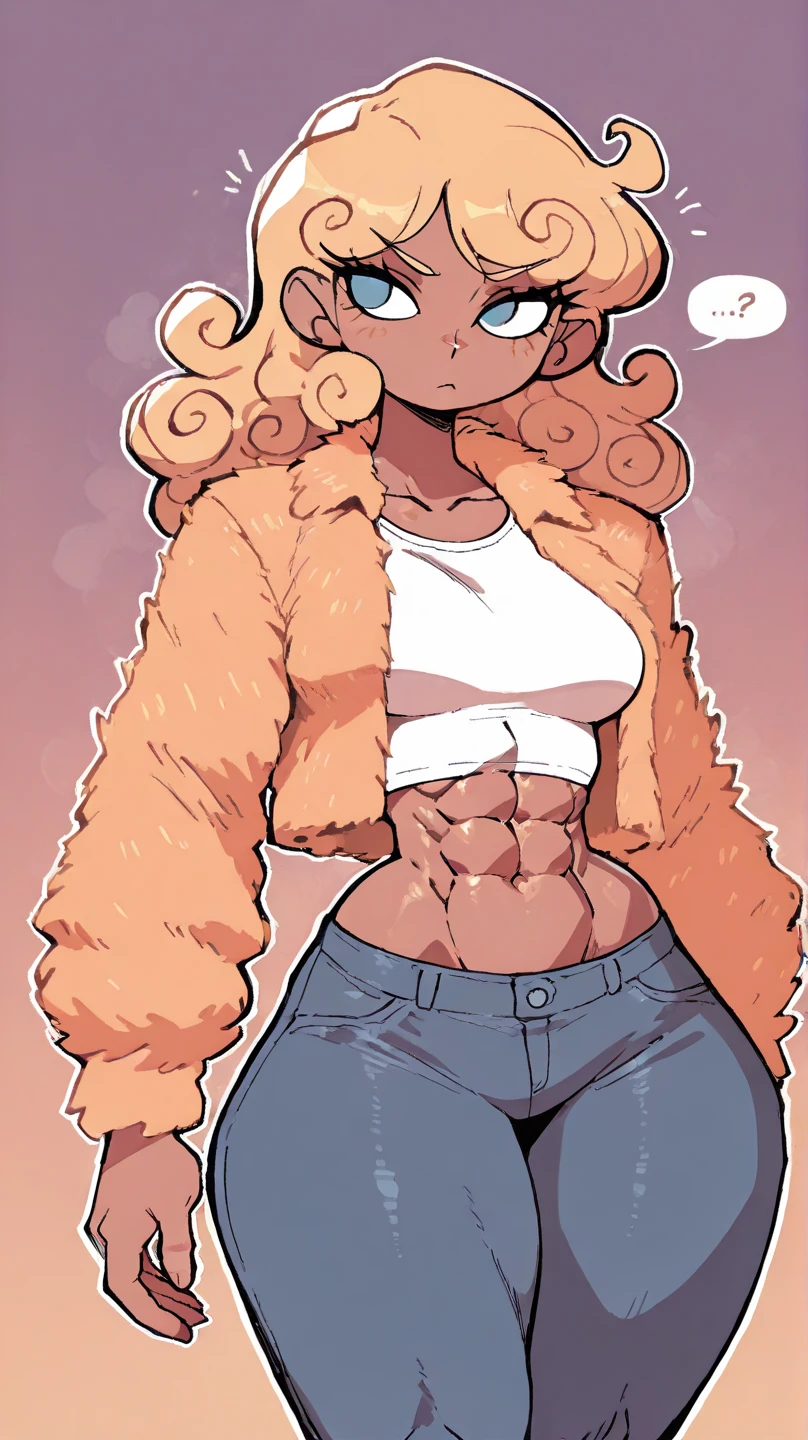 Ply the doll with dark skin and medium orange hair, light highlights afro hair and medium curvy body