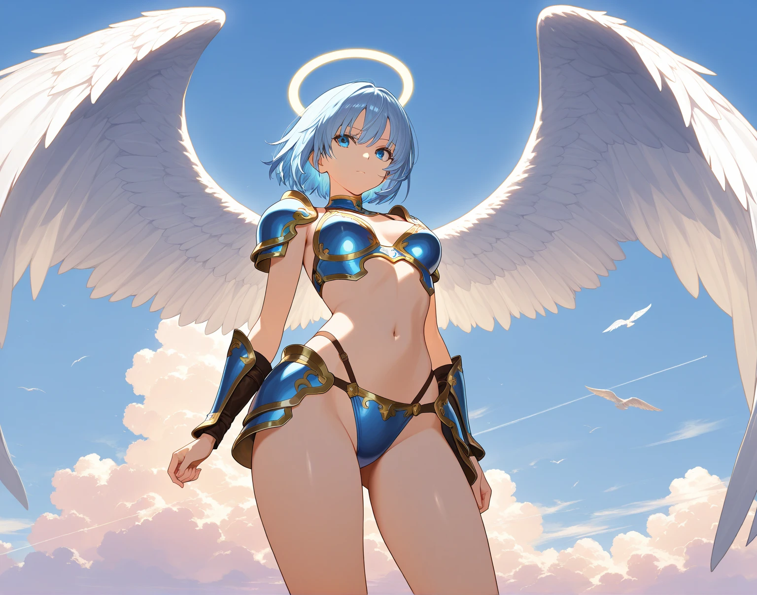 <lora:Captor_Clash_XL:1> (captorclash_style:1.45) full body angel, surrounded by clouds, sun rays, (masterpiece), best quality, highres, 4k, 8k, intricate detail, cinematic lighting, amazing quality, amazing shading, soft lighting, Detailed Illustration, official artwork, anime style, wallpaper, official art, ultra detailed skin, ultra detailed face, perfect eyes, small skin imperfections, 1girl, Choppy layers, saggy breasts, Long-limbed body, orange eyes, Blue hair