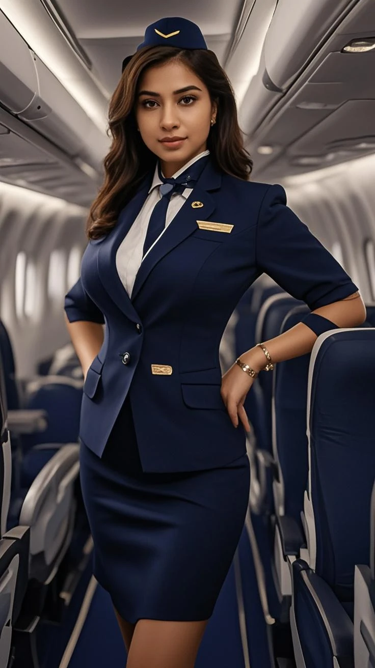 highest quality, masterpiece, 8K, ultra high resolution, (realistic: 1.4), 1 girl, beautiful face, eye of symmetry, big, perfect body proportions, stewardess uniform, The gaze of the beholder, (On the plane: 1.2), Front view, Shoulder jumping, Absolute area (1.3),