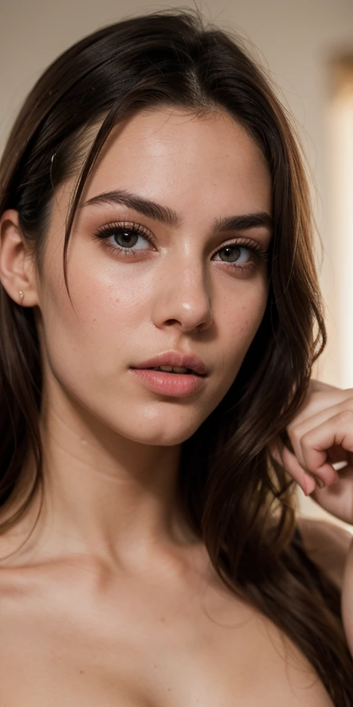 RelenaPeacecraft with a brown Long hair and gleaming shiny skin, ???, pov, ??????? top, hair_over_one_eye, nude, master piece, 1 girl, (nsfw) , contemptuous, disdain,angry, incoming kiss, ????, best quality, detailed face, detailed eyes, highres, black eyes