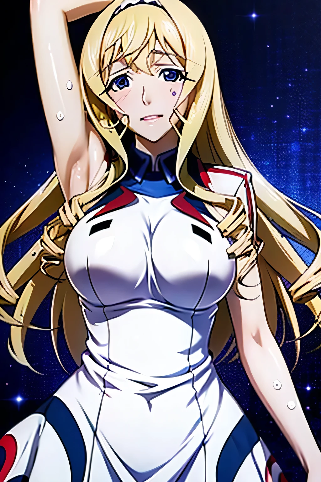 <lora:ShakugannoShana:1.0>, ShakugannoShana, Margery, solo, looking at viewer, smile, dress, cleavage, bare shoulders, medium breasts, collarbone, upper body, frills, parted lips, sleeveless, white dress, arm up, lips, moon, camisole, arm behind head, spaghetti strap, space, planet, earth (planet), chemise