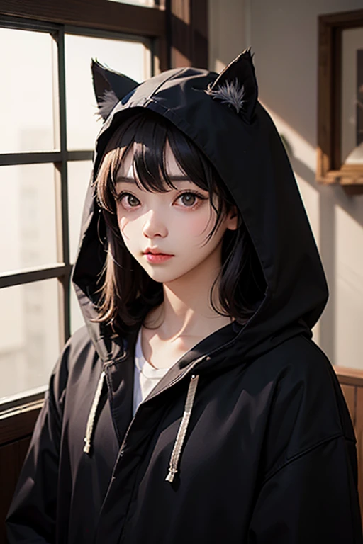 a woman, (wearing oversized_hoodie, cat_ears_hood:1.3),
good hand,4k, high-res, masterpiece, best quality, head:1.3,((Hasselblad photography)), finely detailed skin, sharp focus, (cinematic lighting), soft lighting, dynamic angle, [:(detailed face:1.2):0.2], medium breasts,(((inside a forest))), <lora:betterCuteAsian03:0.3>,  <lora:cat_ears:0.4> ,<lora:oversized_sweater:0.4>