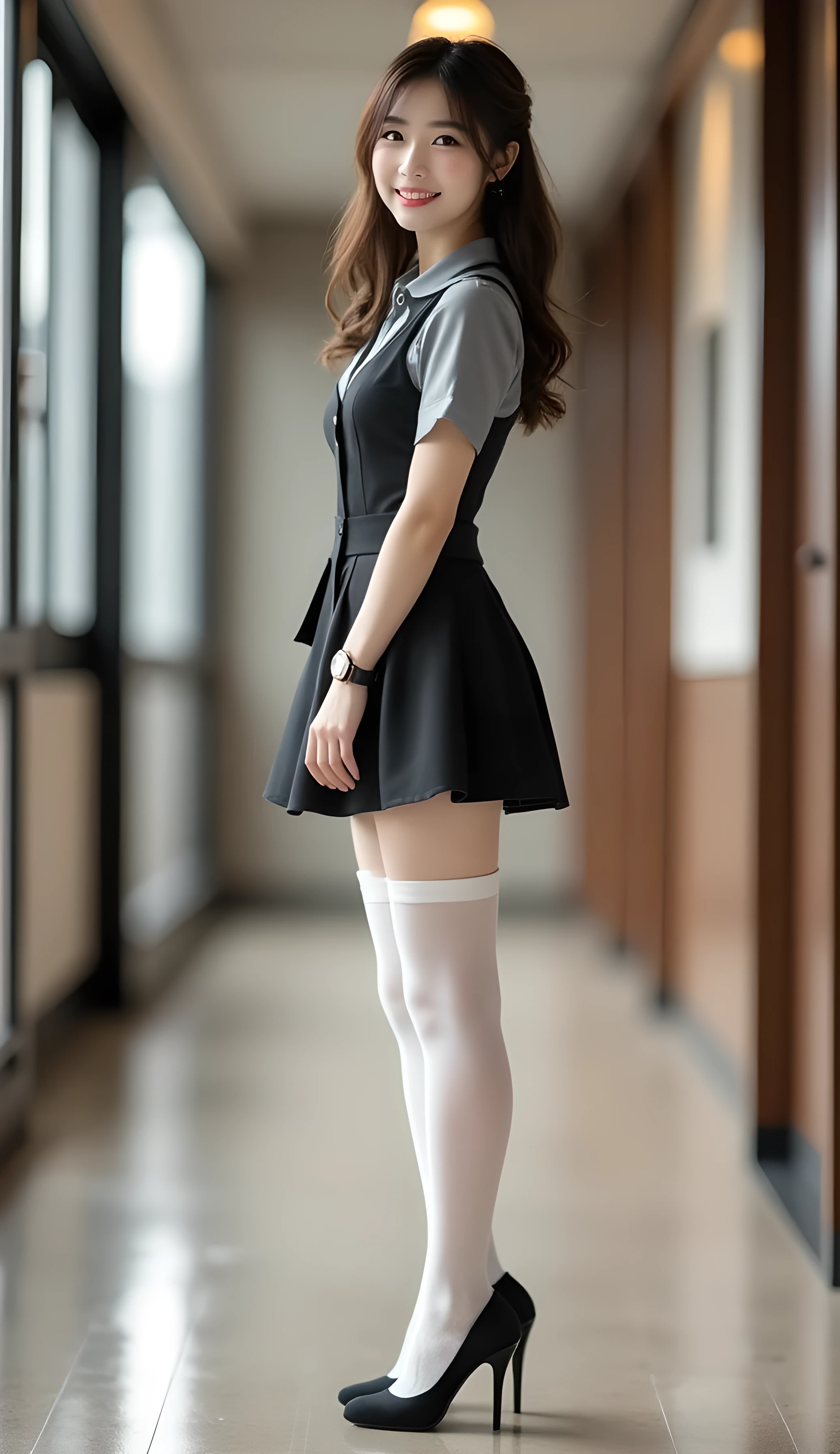 Super Real , Photoreal , (Full body image:1.5), She looks so happy , shadow, Global Illumination , Alone, (Japanese woman in her 20s :1.5), very beautiful、 cute smile , Slim, brown hair , Beautiful Legs , Long, slender legs , Surimi Waist , I'm wearing a receptionist uniform ,I'm wearing a bus guide's uniform , turn your body forward、 white hair,full body photo ,Please take a picture up to the tip of your foot ,wear brown colored pantyhose glittered on her legs ,When the light hits stockings, they reflects beautifully., wearing black high heels ,
