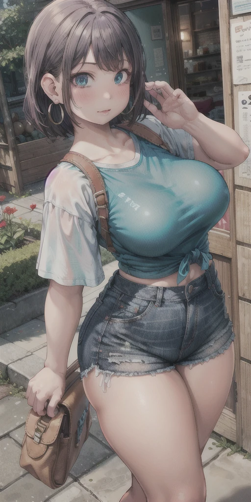 (highest quality), one girl, ((((Loli)))), (((short))), (legs are too thin), (butt is very small), brown short bob cut hair, Round black glasses, Yellow Meccha, cute face, ((child)), ((((BREAK Only her breasts are too big)))), (((big breasts))), Navy blue denim overalls, white background, 