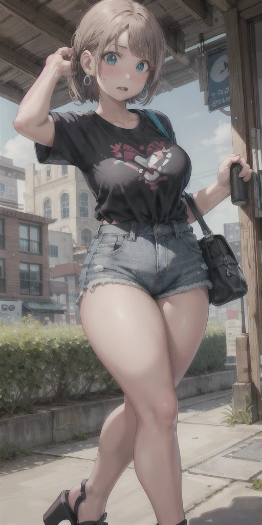 a badass girl, short hair, baggy clothes, sneakers, natural lighting, golden hour, beautiful detailed eyes, beautiful detailed lips, extremely detailed face, long eyelashes, dynamic pose, adventurous, cinematic, (best quality,4k,8k,highres,masterpiece:1.2),ultra-detailed,(realistic,photorealistic,photo-realistic:1.37),vibrant colors,warm lighting,landscape,natural, D size breast