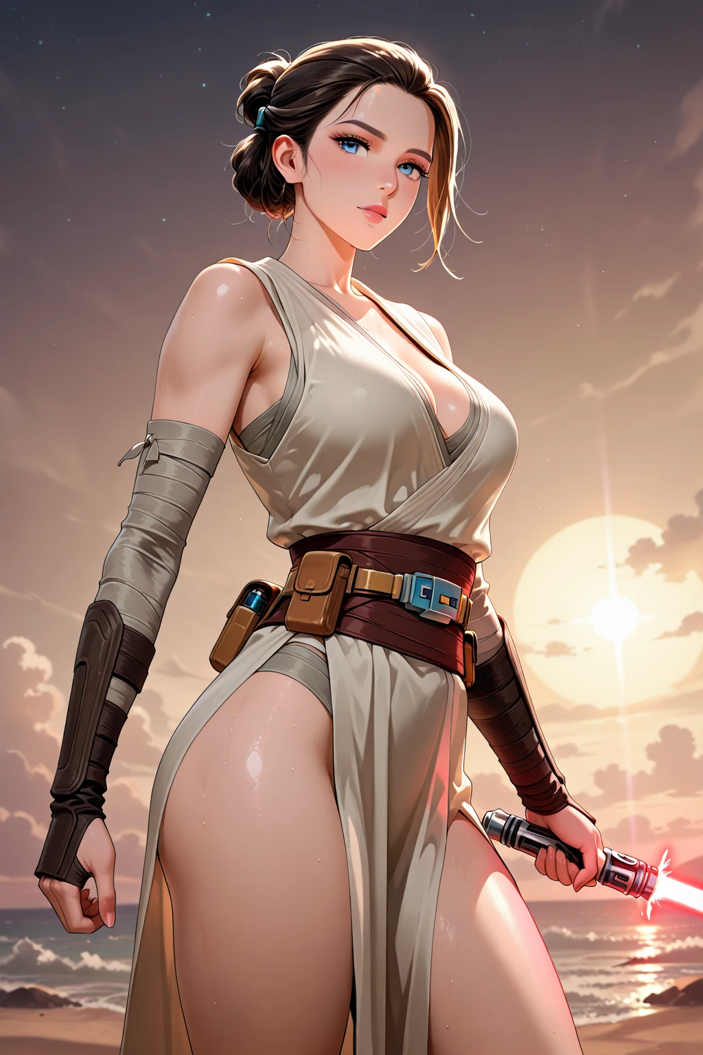 Rey star wars, ultra realistic, overflowing breasts, big thighs, looking at ass, ripping clothes, huge breasts, red eyes, smile, one hand on ass, one hand on boob, round butt, focus on the side, in a desert hut