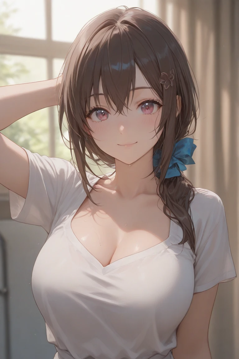 (Placing hand on chest:1.3), shooting from above、Upper Body, Realistic, real person, (pale skin: 1.2), RAW shiny skin, japanese idol、shiny hair、(25 year old woman with medium hair with bangs) and (wavy hair) and (brown hair) and (orange eyes) , (black:1.1) and (plain t-shirt) and (oversize) 、(embarrassed:1.2), The background is the living room、Alone、Are standing