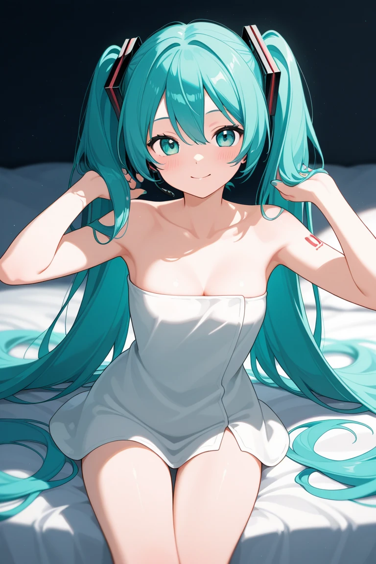 Hatsune Miku with big breasts,green necktie。Blue-green hair,red headgear。The red Hatsune Miku logo is printed on the arm,Hairstyles of anime characters。Smooth hair。sensual lingerie
