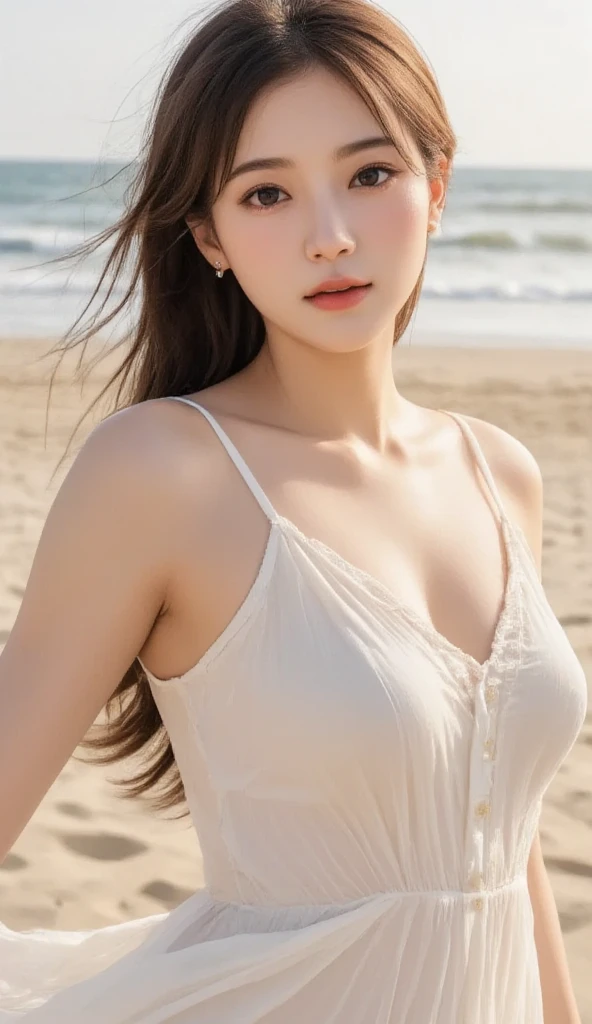 An exquisite portrait of a beautiful and perfect lady, dressed in a tank top and denim miniskirt, standing on a sun-drenched, sandy beach with crystal-clear waters in the background. The scene exudes an air of tranquility and leisure, capturing the essence of a carefree summer day. Achieve a highly detailed, smooth rendering inspired by the works of John Singer Sargent and Joaquin Sorolla. The technical specifications call for a 4K UHD image to bring out the vibrant colors and textures of the scene
