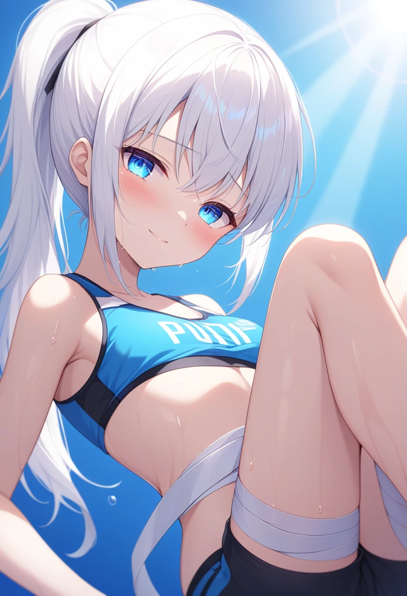 Silver-haired blue eyes、 girl、Small breasts、Twin tails、Laughter、Nico Nico Smile、Wink、 girl、Looks about 15 years old、Petan Musume、short、There are highlights on the eyes、Coming to the pool、Wear a cute swimsuit、sexy、Armpits are visible、There are lots of toys