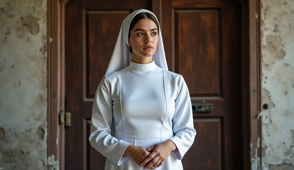 (best quality,4k,8k,highres,masterpiece:1.2),ultra-detailed,realistic,(Nun:1.1),(portrait:1.1),(black and white),delicate face,soothing expressions,subtle smile,expressive eyes,graceful pose,tranquil atmosphere,clothed in flowing robes,humble aura,soft gentle lighting,ornate crucifix hanging in the background,peaceful ambiance,gentle religious symbols,subdued colors,subtle textures,impeccable attention to details,sacred beauty,holy presence,symbolic serenity,simple elegance,sublime tranquility