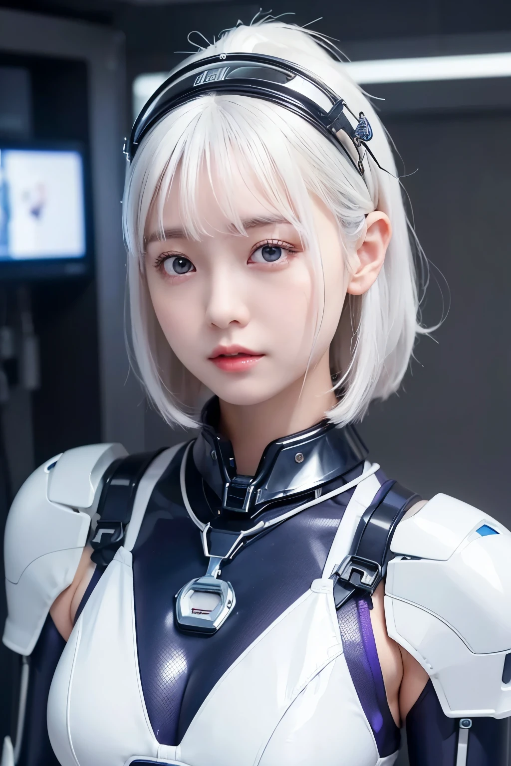Make a character that is cute and serious at the same time, com cabelos longos de cor cinza, que gosta de tecnologia, principalmente de redes de computadores.