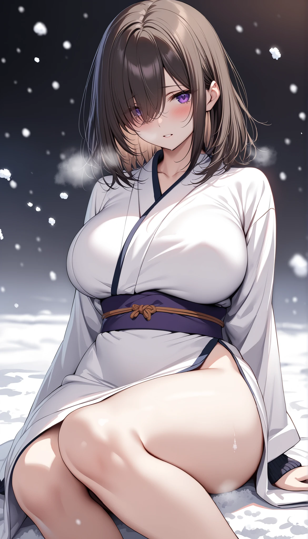 (((highest quality, High resolution, Like Japan cartoons))) , (Blizzard,snow scene),red eyes, 1 girl, alone, looking at the viewer, black hair, medium breasts, closed mouth, clavicle, broken kimono,white kimono, thighs,Two-dimensional beautiful girl,Japan anime beautiful girl