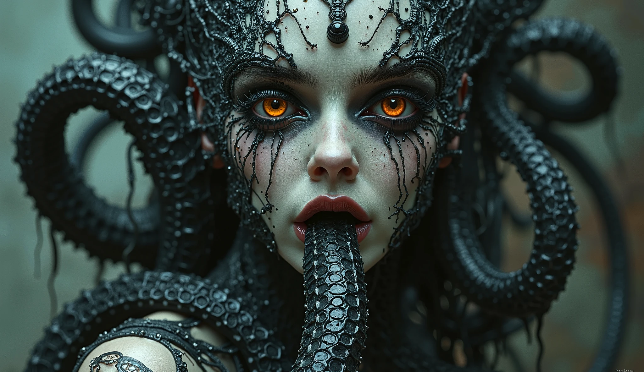 una mujer con una serpiente en la cabeza y una serpiente en la cara, sus muchas serpientes como cabello, Dama con cara de serpiente, with serpientes para el cabello, foto de retrato de , Mujer serpiente, reina de las serpientes, modelado, hermoso y aterrador, por Hedi Xandt, serpientes para el cabello, dark reina de las serpientes