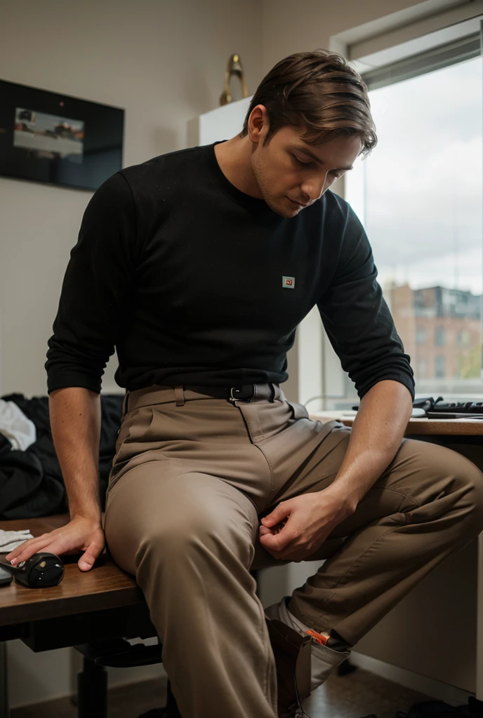 ((((super sharp focus)))), (hairy legs), toned legs, whole body, two block, messy shortt hair, long legs, Japan Male, 27 years old, wearing beige shorts, wearing a black T-shirt, very short hair, black hair, sitting and using a computer, getting ready to pull down pants and pants