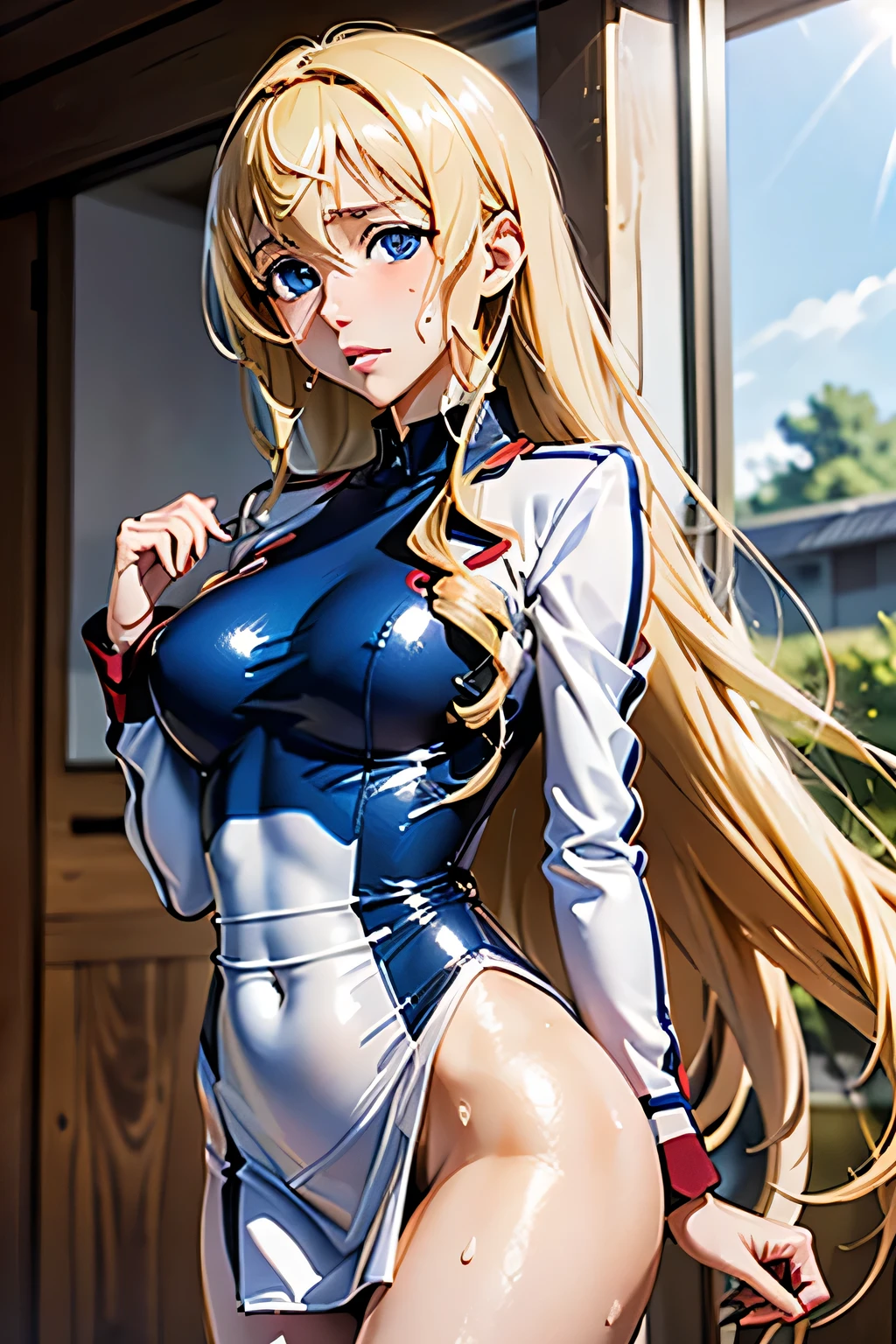 Highest quality, Official Art, masterpiece, Fabric Shading, High resolution, Very detailed, colorful, Best details, Fantasy, Combat Uniform, Yuki Mori:1.5, 1 female, Age 25, Blonde, Long Hair, Curly Hair, Highest quality, Official Art, masterpiece, Fabric Shading, High resolution, Very detailed, colorful, Best details, Fantasy, Combat Uniform,1 female, Age 25, Standing on the stairs, A castle town with an old castle, sunny, Random Hair, Large Breasts, skinny, Surrounded by many people:1.9, Confetti falling, Blessed, welcome:1.5, Camel Toe:1.3, Ground level shot:,Squat, Spread your legs,looking back,