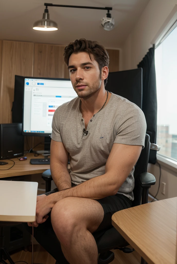 a white man with blonde hair wearing an expensive suit sitting in an office typing a Mac book pro with forex trading chart in his office.The man is muscular with lots of money on his office table.The man has a white shirt.There is thousands of money on the table