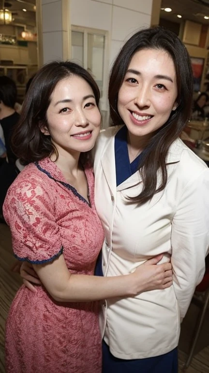 Two beautiful mature Japanese women aged 55, Married women, Long eyelashes, Bob Hair, Red lipstick, Pink Cheeks, Pearl Necklace, Earrings, Dark eyeshadow, Cleavage, Chest visible shirt, dress, Chest to Chest, Lesbian, Love each other, ((Focus on the whole body)),