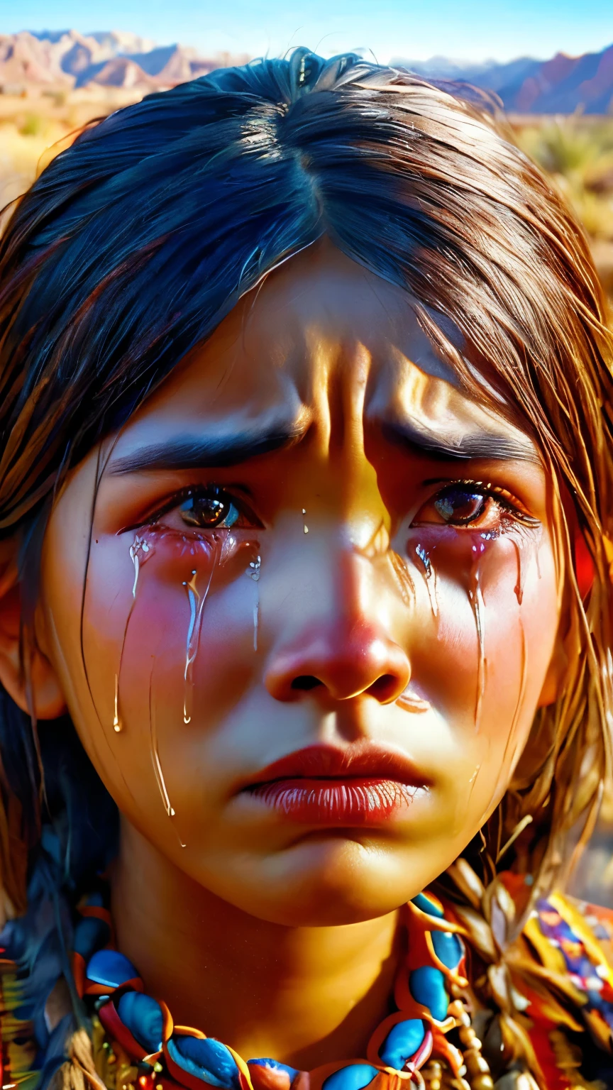 Highly detailed portrait of a very beautiful young native INCA woman, crying in the desert, visible tears, evening sunshine, traditional dress, high resolution, hdr, desert background