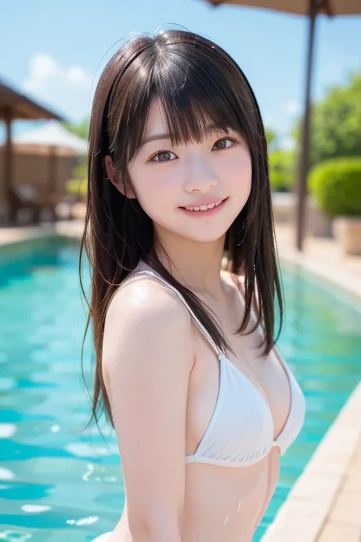 highest quality, masterpiece, Ultra-high resolution,Super Realistic image quality,Sparkling eyes, (Realistic:1.4),((Waist depth of the pool))、super high quality,8k,Thin waist,thin feet,thin,Mid-chest,Soft Breasts ,RAW Photos, 1 girl,20-year-old,Bright sunlight,((I'm in the pool)),((Sexy black bikini swimwear,((Long Hair、Messy Hair)),((Blonde:1.2))、((Bangs short)),((ponytail)),Realistic,Image Media Chest)),((Smiling with teeth showing)),((Big smile)),