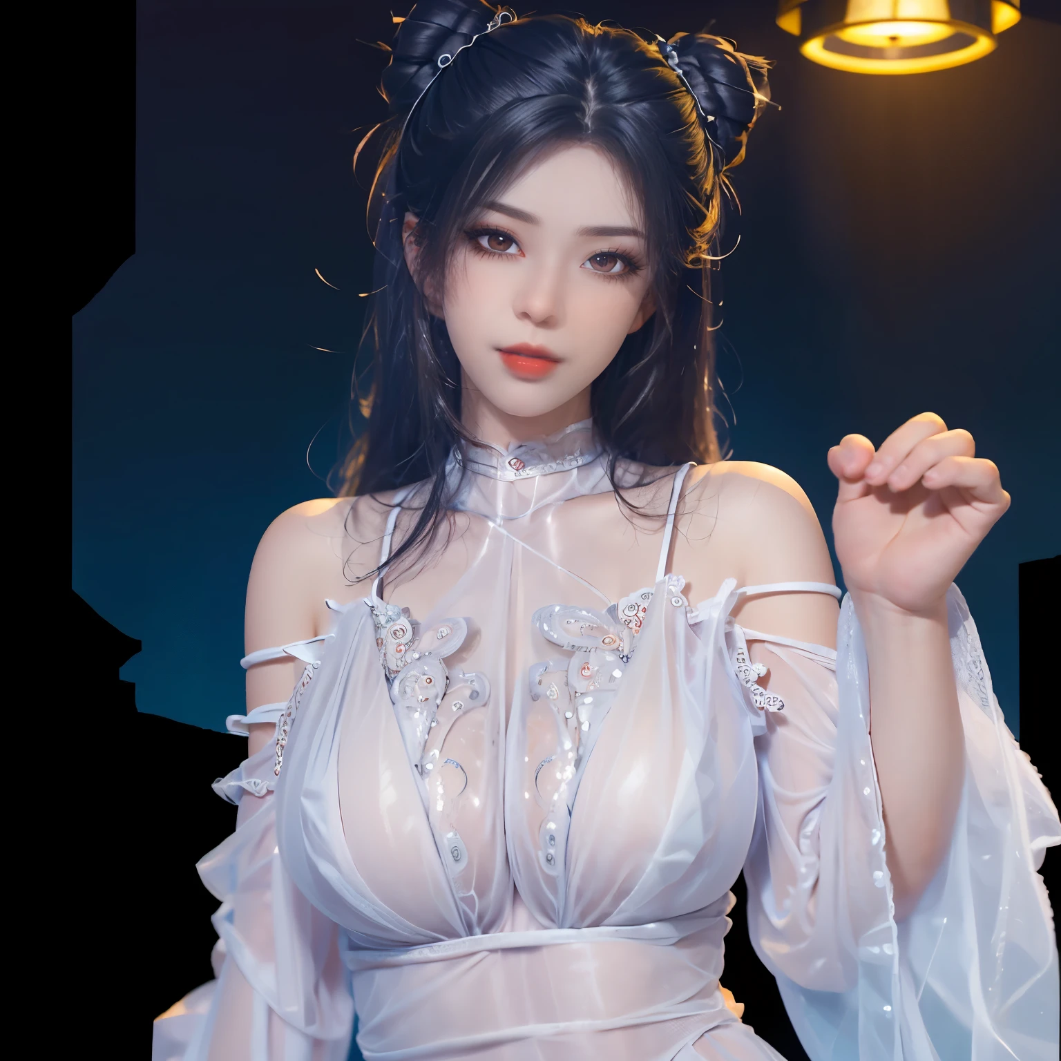 (Top Quality, Masterpiece: 1.2), Ultra High Resolution, Realistic, Front Lighting, Intricate Details, Exquisite Details and Textures, 1 Girl, Solo, (Young), Face Highlights, Upper Body, Detailed Face, Teardrop Moles, Shiny Skin, Black Hair, Ponytail, Braid Hair, Look Viewer, Big Eyes, Silk Robes, (Hollow Pattern, White, Silk), Earrings, Big Breasts, Slim Body , professional lighting, photon mapping, radiosity, physically based rendering, ((wear white see -through skinny micro bikini )), wet with cloudy liquid, wet with, wet Crotch area, wet thighs, (((Potential NSFW))), wide leg spread, red face, lying down, excited, heavy breathing、((standing_on_one_leg, leg_up Holding leg)),wet,See-through white micro string bread, ((Open legs in famous street))